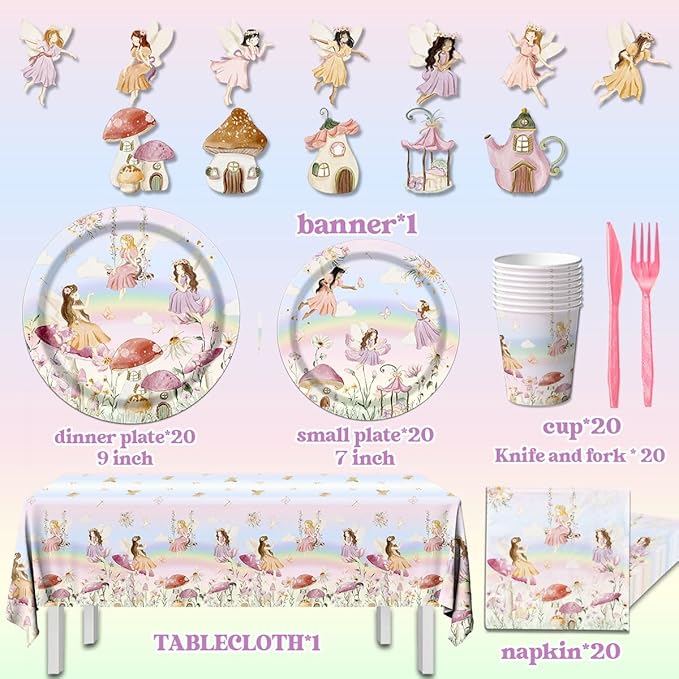 Fairy Party Decorations Tableware, 142pcs Fairy Birthday Party Decorations Plates and Napkins Cups Tablecloth Flower Fairies Banner for Enchanted Forest Garden Birthday Baby Shower Decorations