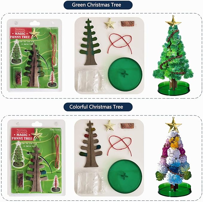 2PCS Magic Growing Christmas Tree, Crystal Christmas Tree, Green Colorful Presents Novelty Kit for Kids, Funny Educational and Party Toys DIY Christmas Decorations