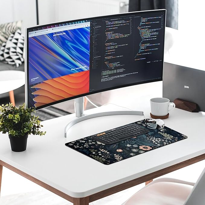 Dark Flower, Floral Plants Mouse Pad, Aesthetic Wildflowers Desk Pad, Gaming Mouse Pad, Non-Slip Rubber Base, Stitched Edges，23.6x11.8 inch Computer Mouse Mat Keyboard for Home Office