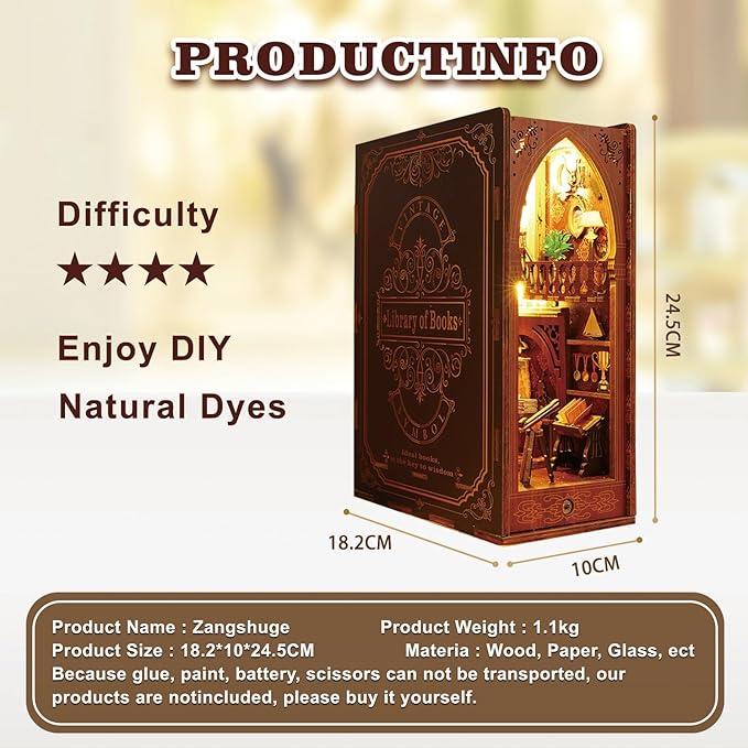 DIY Book Nook Kit - DIY Miniature Dolls House Kit with Furniture and LED Light, 3D Puzzle Wooden Art Bookends, Model Kits for Adults to Build (Zangshuge)