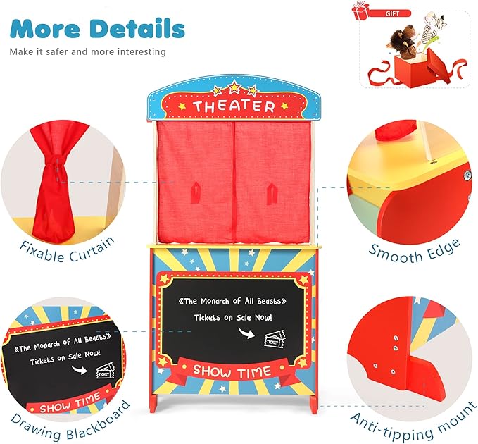 Wooden Puppet Theater Bonus 2 Hand Puppet, Double-Sided Lemonade Stand & Puppet Show Theater for Kids, Wood Deluxe Children Puppet Theatre Toy with Chalkboard