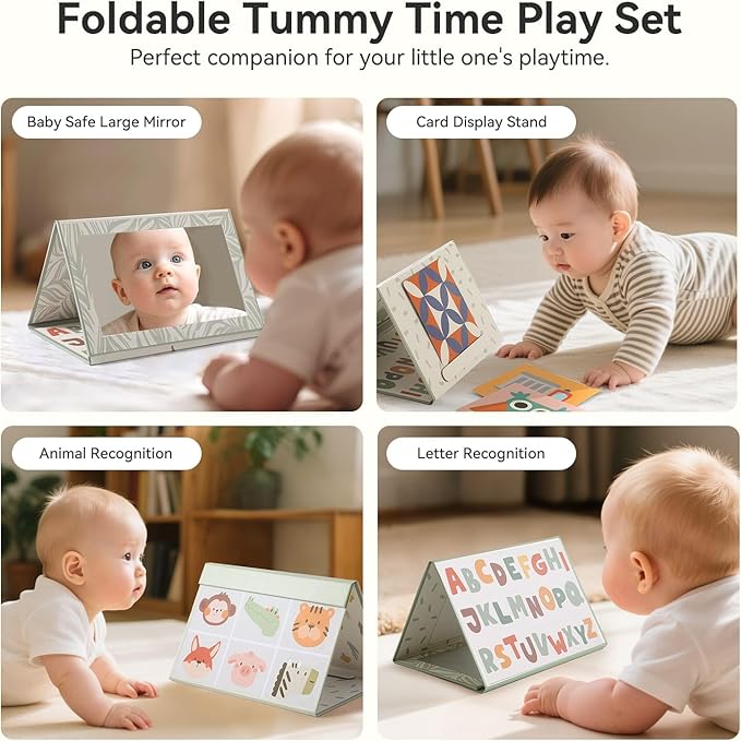 Foldable Tummy Time Play Set (Sturdy Cardboard), Large Baby Safe Mirror and Card Display Stand with 80 Pages High Contrast Cards, Alphabet and Animal Cognition