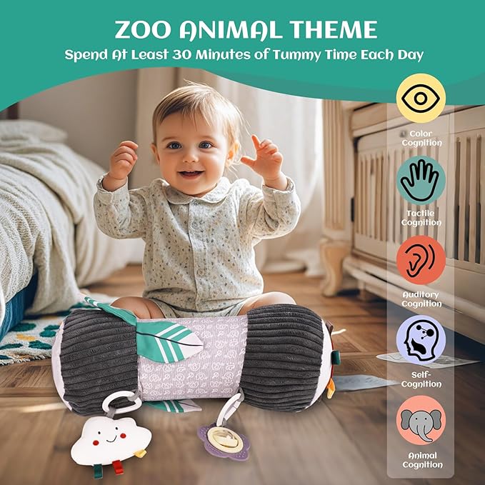 Inflatable Baby Tummy Time Toys Pillow for Newborn, Montessori Baby Sensory Toys Roller with Detachable Mirror, Squeaker, Teether & Rattle, Help with Early Development 3-6 Months(Elephant)