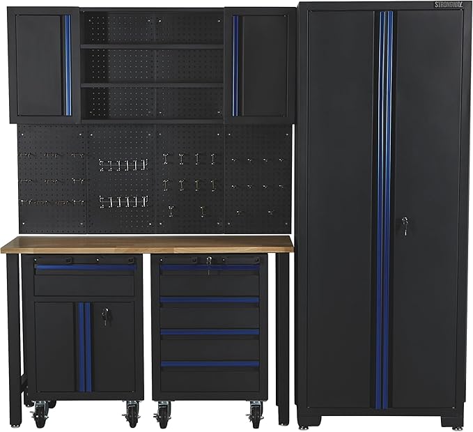 Strongway Steel Garage Storage System with Drawers, Pegboard, Shelves, Tabletop, 2 Rolling Cabinets, 81.5in. x 75.7in.