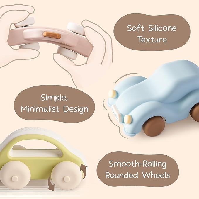 Moonkie Food Grade Silicone Toy Cars for Toddlers 1-3, Push and Go Baby Car Toys 6-12 Months+, One-Piece Design Infant Toys, Birthday Gifts for 1 Year Old Boy Girl, Easy to Clean & Grasp, 3 Pack