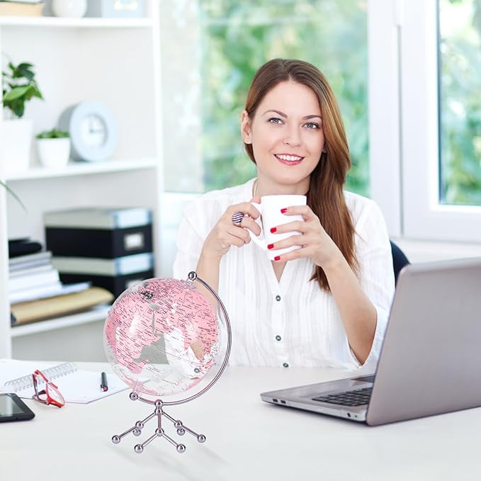 Decorative 8" Pink Earth Globe with Stand – Rotating Desktop Map for Kids, Educational World Globe with Detailed Map for Home, Office, and Classroom