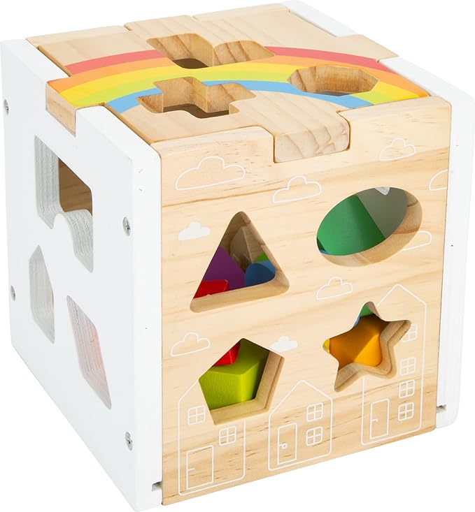 Wooden Rainbow Shape Sorter Cube – Sorting Toy with 13 Geometric Shapes & Removable Lid – Educational Game for Dexterity & Fine Motor Skills – Teaches Counting, Shapes and Colors – Ages 12+ Months