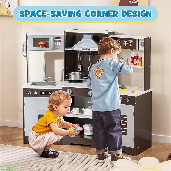 Costzon Corner Kids Kitchen Playset, Wooden Toy Kitchen Set with Range Hood, Ice Maker, Pretend Telephone, Sink, Faucet, Microwave, Oven, Play Kitchen with Lights and Sounds for Toddlers (Brown)