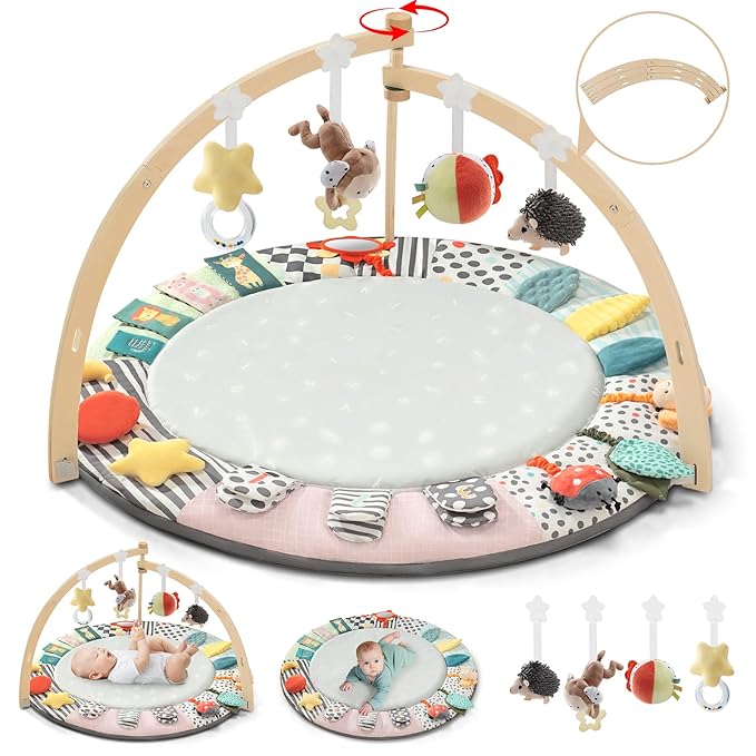 Baby Play Mat Activity Gym,6 Developmental Zones Tummy Time Mat, Foldable Wooden Baby Play Gym with 7 Detachable Sensory Toys for Newborn Brain Development, Essential Baby Shower Set