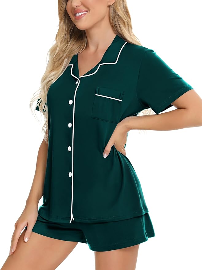 SWOMOG Womens Button Down Pajamas Set Short Sleeve Sleepwear Bride Soft Pj Lounge Sets XS-3XL