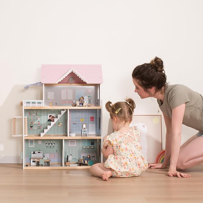 Giant bean Large Pink Wooden Dollhouse with Furniture for Girls with Doorbell, Light,Elevator, 6 Rooms 2.6ft High,15 Pcs Furniture & 3 Dolls, Kids Playhouse Toy for Girls 3-7+, 31.5" x 25" x 12.2"