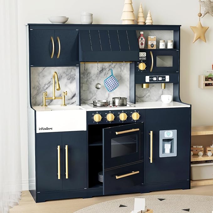 Wooden Play Kitchen for Kids with 14 Pcs Accessories, Interactive Pretend Play Kitchen Toys Set with Realistic Features, Learning Toy Gift for Boys & Girls Ages 3+ (Dark Blue)