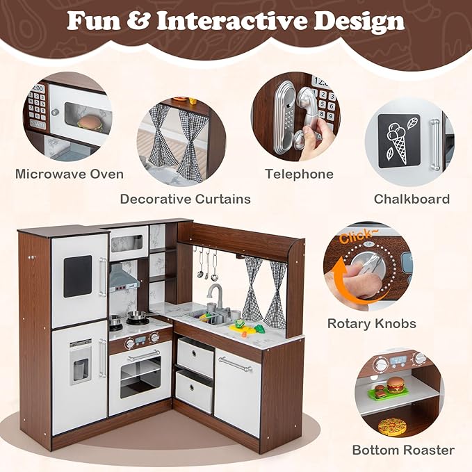 HONEY JOY Corner Kids Kitchen Playset, Wooden Play Kitchen for Toddlers, Range Hood & Stove with Lights and Sounds, Water Circulation, Little Chef Pretend Toy Kitchen Set for Boys Girls, Brown