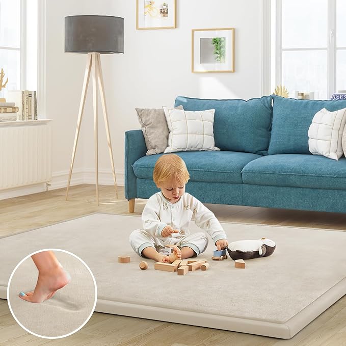 Baby Play Mat for Floor Tummy Time Mat Nursery Muscle Area Rug Playroom Rug Tatami 47"*47" Memory Foam 1.3" Thick Crawling For Babies,Toddlers, Infants, Kids,Floor(Beige)