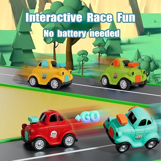 Inertial Push and Go Cartoon Car Toys for Toddlers 1-3, Friction Powered Race Vehicles for 6-9-12-18 Month, 1st Birthday Gift for 1-2 Year Old Boy Girl,Party Favor for Kids