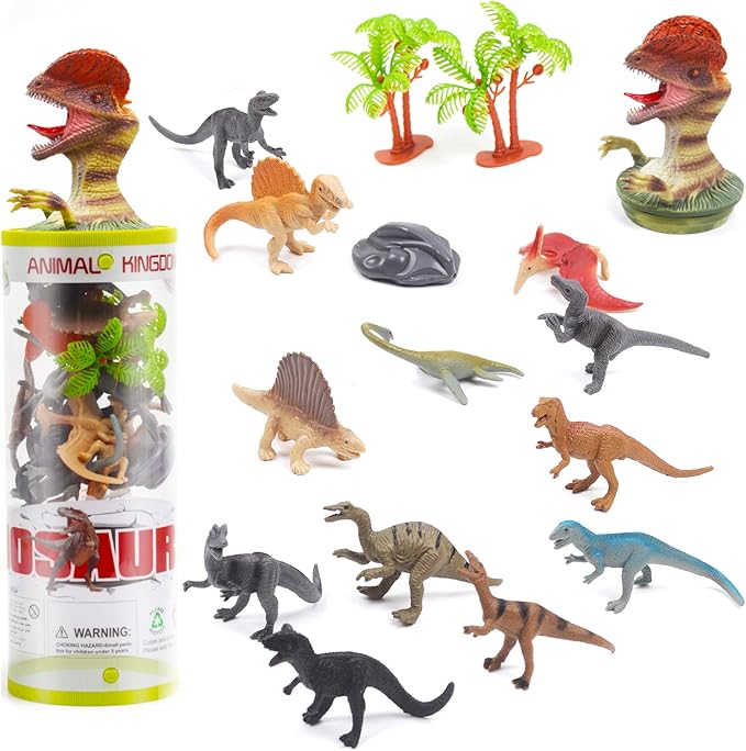 UNIQUE KIDS Mini Safari Dinosaurs Figure Creatures in Tube 15 pcs Set | Realistic Tiny Little Animals for Sensory Bin, Birthday Party Favor, Toddler 3-5 (Safair Dinosaurs)