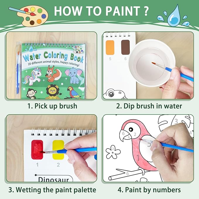 Paint with Water Coloring Books for Toddlers, Animal Theme Mess Free Watercolor Painting Papers for Kids Travel Coloring Kit with 2 Brushes Art Craft Birthday Gift