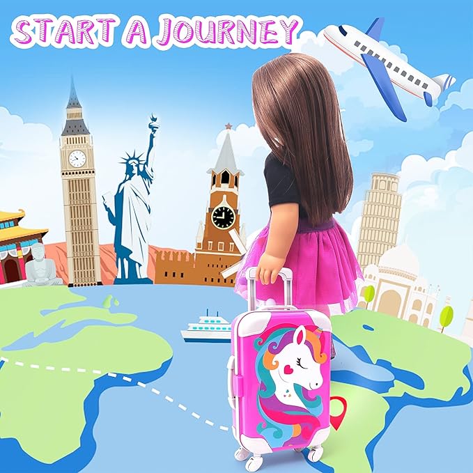 American 18 Inch Doll Accessories Doll Travel Set Including Suitcase Luggage and Dress, Camera Computer Phone Neck Pillow Sunglasses Dolls Travel Gear Play Set Gift for Birthday (NO Doll)