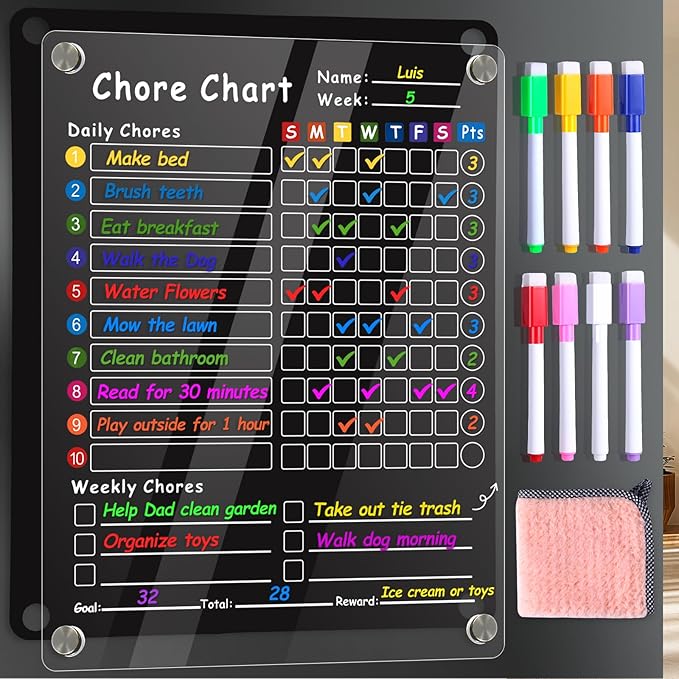 Acrylic Magnetic Chore Chart for Kids & Adults, 12"x9.5" Clear Dry Erase Reward Board - Behavior and Responsibility Refrigerator Chart for at Home Multiple Kids, Teens(w/ 8 Markers & Towel)