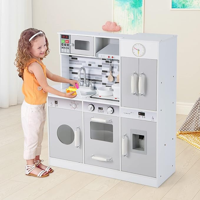 INFANS Kid Kitchen Playset, Toddler Wooden Pretend Cooking Set with Realistic Light & Sound, Stove, Sink, Microwave, Storage Cabinet, Play Kitchen Toy Set for Children Boys Girls (Grey)
