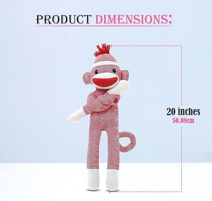 Adorable Sock Monkey, The Original Traditional Hand Knitted Stuffed Animal Toy Gift-for Kids, Babies, Teens, Girls and Boys Baby Doll Present Puppet (20" Pink)