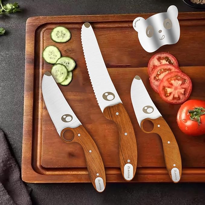 Kids Knife Set for Real Cooking with Educational Ring, Rounded Tip, Fingers Guard, 4 Pieces Kids Kitchen Knife Kit for Children and Teaching Food Prep and Kitchen Safety