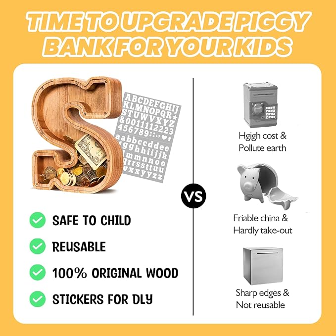 KMC Wooden Letter Piggy Bank, Personalized Initial Piggy Bank for Kids Boys, Clear Alphabet S Wood Money Box, Unbreakable Coin Saving Jar, Birthday, for Children
