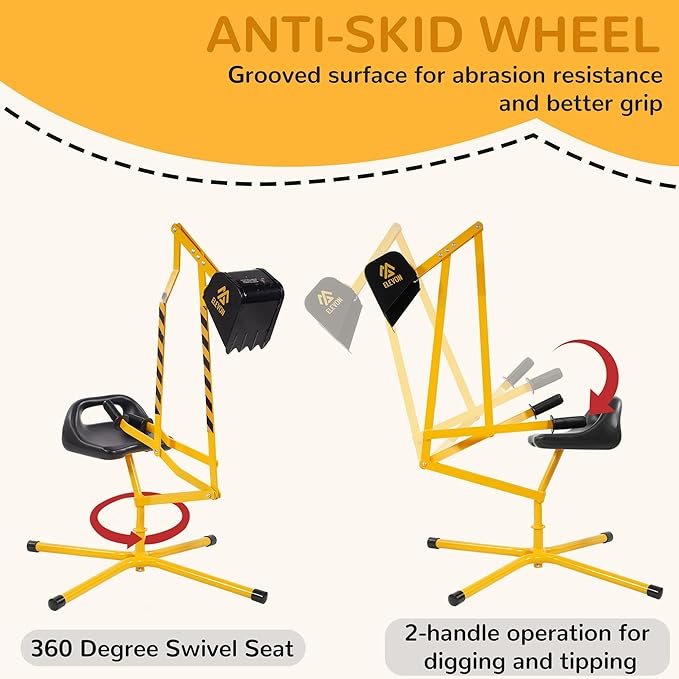 Elevon Sand Digger Kids Excavator Ride On Toy, Beach Toys Outdoor Sandbox Toy Digger, Steel Excavator Crane Rotates 360 with Stabilizing Base, Sand Toys Backyard Sandbox, Dirt and Snow - Yellow