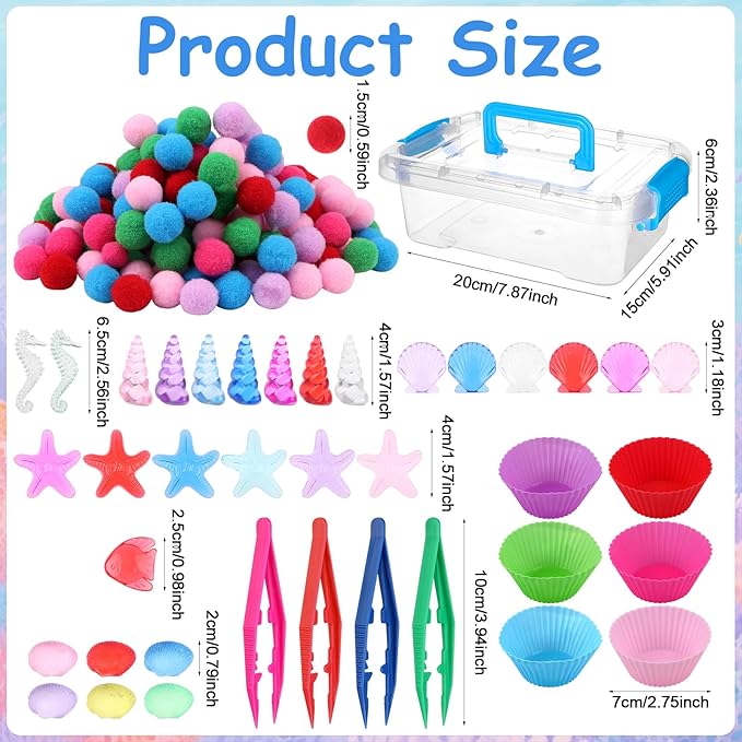 355 Pcs Summer Beach Sensory Bin Filler Fine Motor Toys Counting Sorting 200 Felt Toys 140 Resin Beach Creatures 8 Tweezers 6 Silicone Plates 1 Storage Box for Counting Sorting DIY Crafts(Summer)