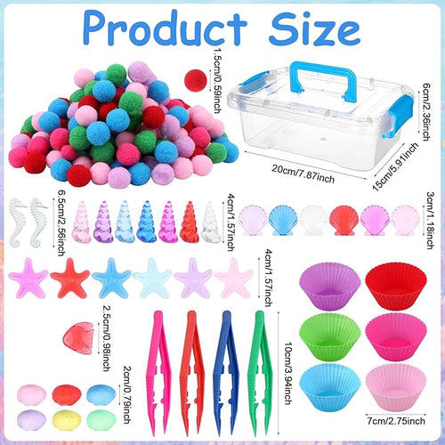355 Pcs Summer Beach Sensory Bin Filler Fine Motor Toys Counting Sorting 200 Felt Toys 140 Resin Beach Creatures 8 Tweezers 6 Silicone Plates 1 Storage Box for Counting Sorting DIY Crafts(Summer)
