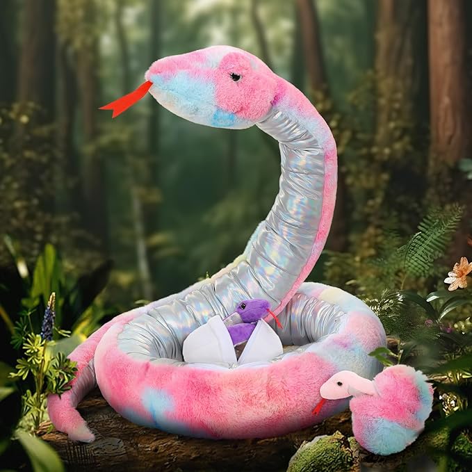 MaoGoLan 118 inch Giant Stuffed Snake Mommy with 4 Babies & 3 Eggs Inside, 8Pcs Rainbow Snake Stuffed Animal Bulk Large Boa Constrictor Plush for Boys Girls Kids Halloween Props Birthday Gifts