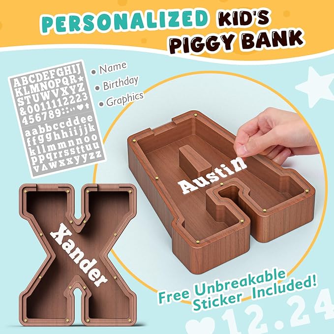 Summidate Wooden Letter Piggy Bank, Extra Thick Large Capacity Piggy Bank for Kids Boys Girls Toddler, Alphabet X Money Bank| Coin Box Birthday, Christmas, Festival