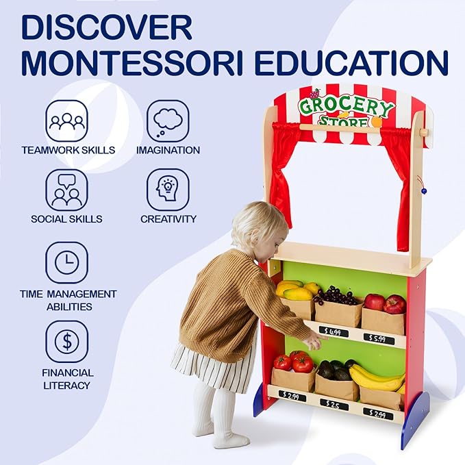 Monläurd® Wooden Puppet Theater for Kids – Montessori Pretend Play Stage, Puppet Show Set for Ages 4-8, Daycare & Home Use