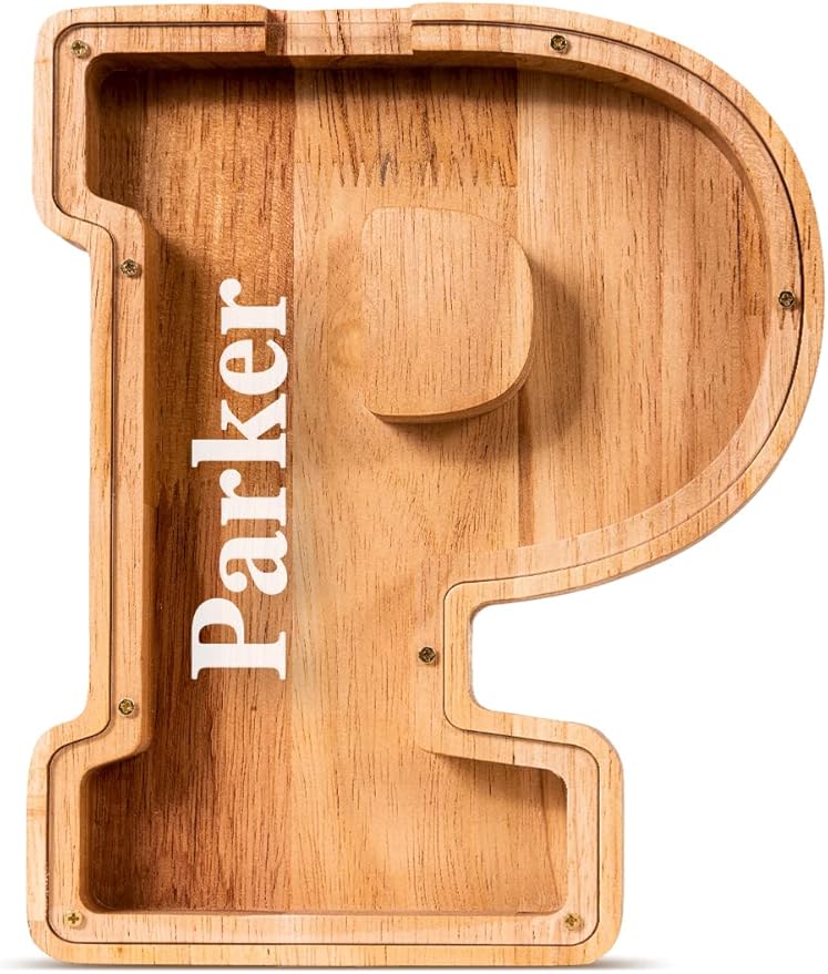 Summidate Customized Name Large Wooden Piggy Bank for Kids Boys Girls Alphabets Letter A-Z Coins Bills Money Change Bank Box Initial on Clear Cover (Laser Engraved) (Alphabet-P, Personalized-9")