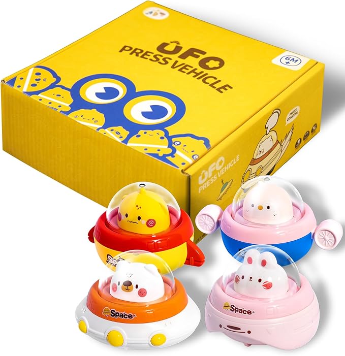 4PCS Animal Press to Go Car Toys for Toddlers 1-3, Push Go Friction Car Toys for 6-18 Months Baby, Animal Space Racing Cars, Infant Play Vehicle Set, Birthday Gifts for 1 Year Old Girl & Boy
