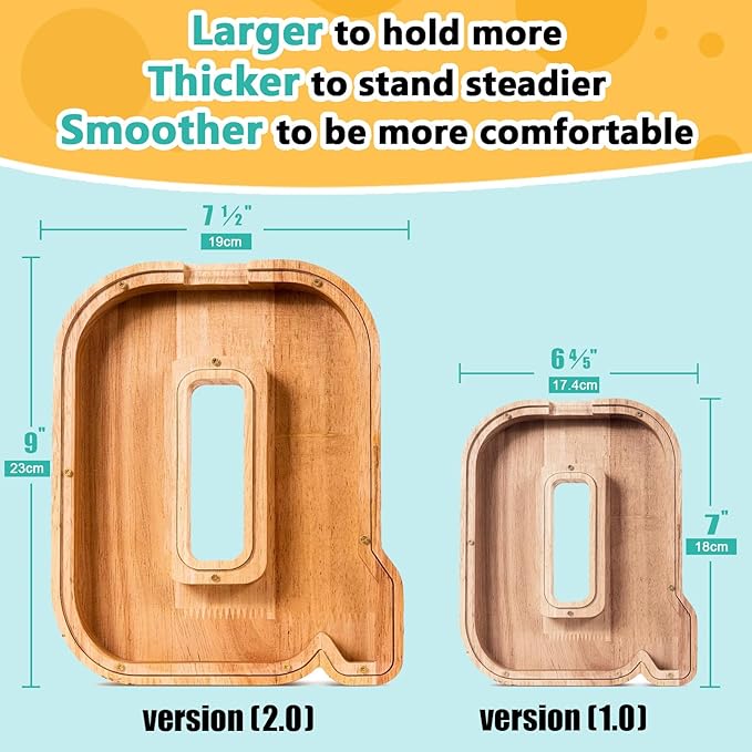SummiDate Wooden Letter Piggy Bank| Piggy Bank for Boys Girls Toddler| Alphabet Q Money Bank| Coin Bank Birthday Gift for Kids|Birthday Gift for Kids (Q)