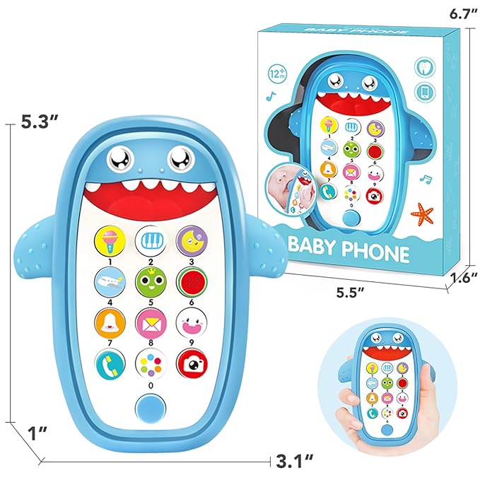 Baby Shark Cell Phone Toy Removable Teether Case, Light, Music & Adjustable Volume Kids Play & Learn Fake Phone Infant Toddler, Preschool Holiday Birthday Present for Girl Boy 12 Months (Blue)