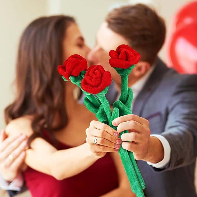 18 Pcs Plush Rose Flower Stuffed Bendable Stems Plush Bouquet Toy Soft Floral 12.6 Inch for Graduation 2025 Mother's Day Valentines Day Girl Girlfriend Wife Family and Friends(Red Series)