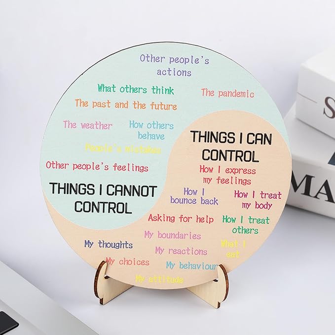 Feelings Wheel,Double Sided Mental Health Decor Emotion Wheel with Stand, Wooden Coping Wheel