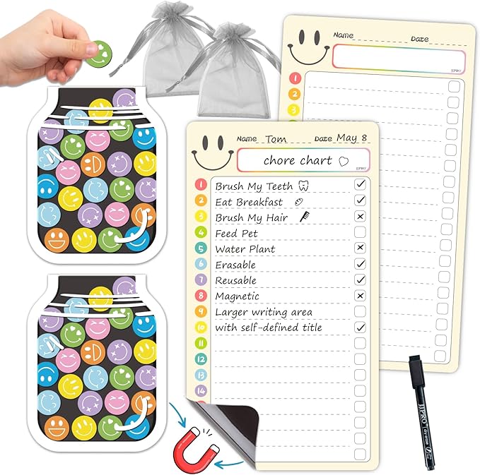 JJPRO Magnetic Dry Erase List Boards for Kids with Smiley Faces Reward Jar- 10" x5.5“ Home Chore Chart for Fridge,Daily Checklist for Toddlers,Reward Jar Positive Behavior Training -Yellow 2Pcs