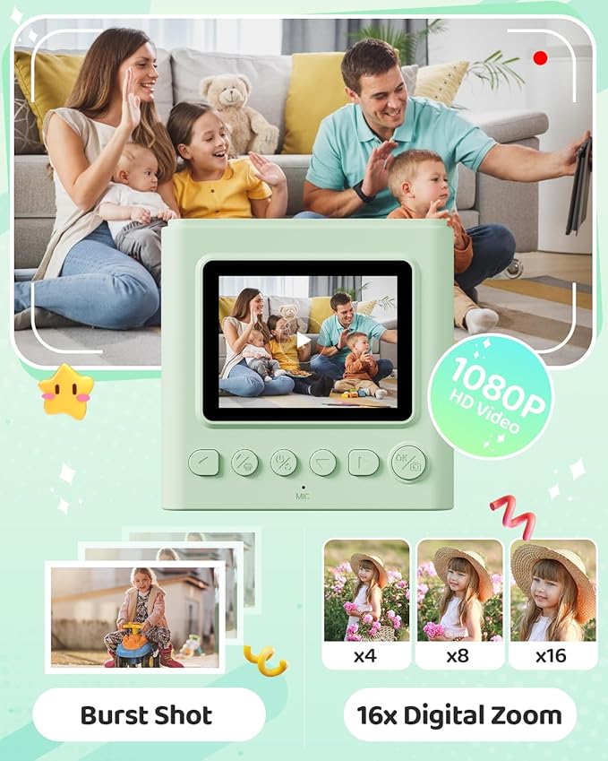 Kids Instant Print Camera, Christmas Birthday Gifts for Girls and Boys, 1080P HD Video Digital Kids Camera with Print Paper & 32G Card, Toddler Toy for 3-14 Years Old (Green)