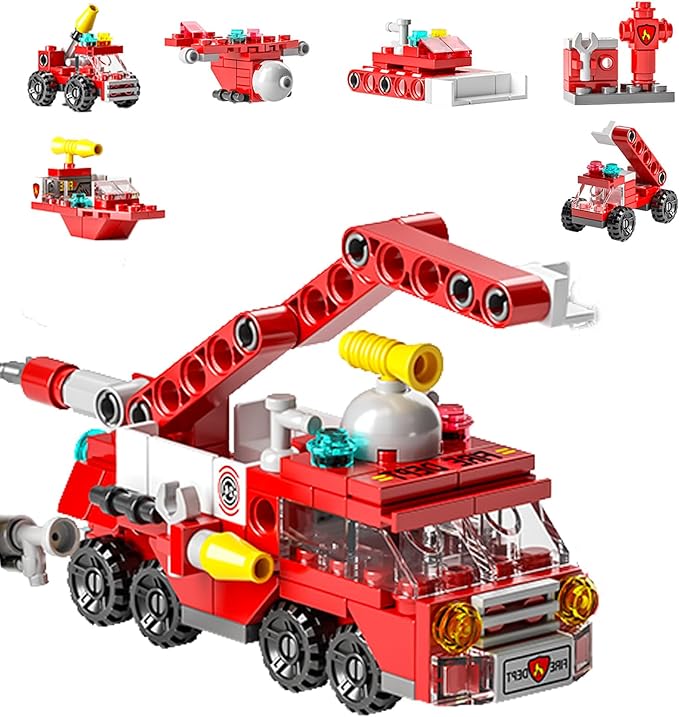 City fire Truck Building Block Toy (142 PCS) – 7-in-1 Fire Truck & Rescue Set, STEM Learning Toys for Kids Ages 6-12, Creative Construction Kit for Birthday Gifts