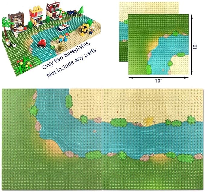 Taken All Grassland Rivers Pattern Baseplate 10" x 10" - Building Brick Base Plate Perfect Combination with Major Brands,for City Roads Building Blocks Kids Toy (1 Straight + 1 Curve)