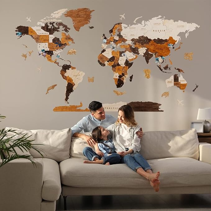 HYPERI Multilayered 3D Wooden World Map Wall Decor, Wood Art Wall Decor, Mapa Mundi Para Pared, World Maps and Push Pins, Christmas, Valentine's Day Gifts For Dad, Mom, Boss, Husband, Wife (Large)