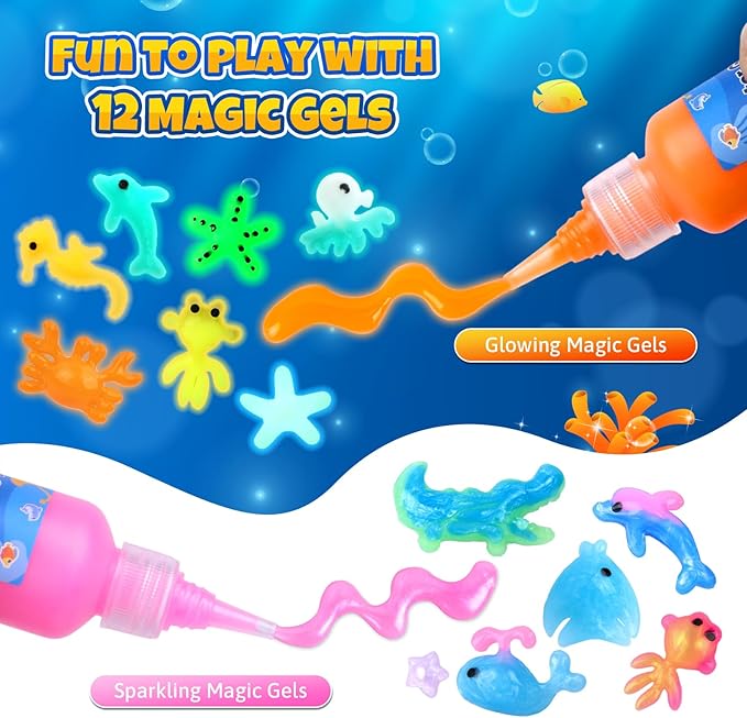 Glow in The Dark, Magic Water Elf Toy Kit, Aqua Fairy Water Gel Kit, 12 Gels 12 Ocean Molds, Squishy Maker Party Birthday Toys Gifts for 3-12 Years Boys Girls, Arts & Crafts DIY STEM Kits for Kids