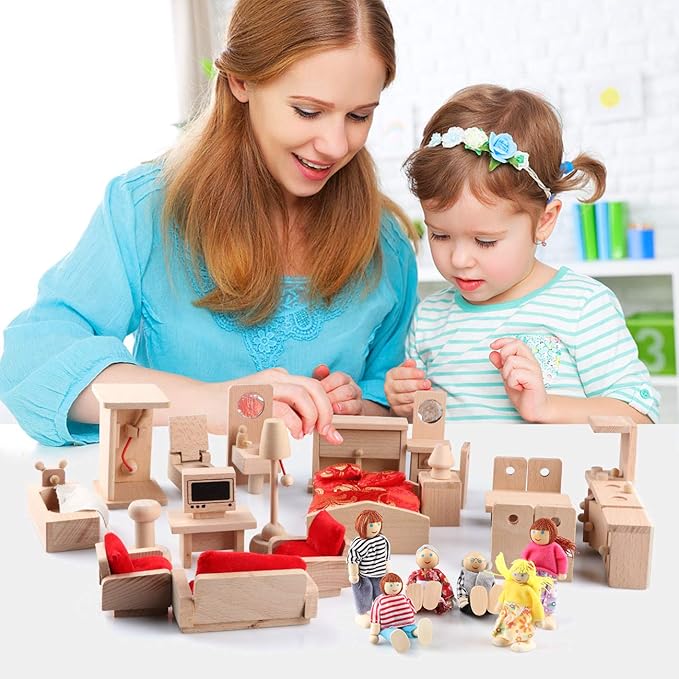 5 Set Dollhouse Furniture Accessories Wooden Bathroom/Living Room/Dining Room/Bedroom/Kitchen House 6 Family Doll Decoration Pretend Play Kids Christmas Birthday Gifts for Girls Toys 40 Pcs