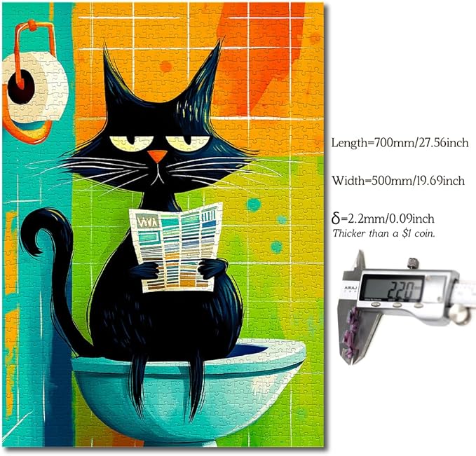Bgraamiens Privacy Please 1000 Piece Jigsaw Puzzle – Funny Cat on Toilet with Newspaper – Whimsical Bathroom Humor Puzzle for Adults, Vibrant Colors, Challenging and Relaxing