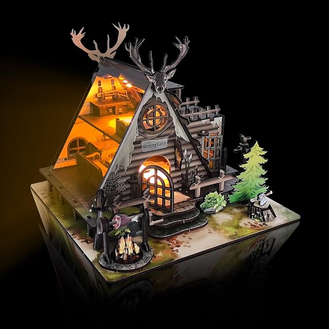 Model Kit Adult Miniature House Kit, Doll Houses Book Nook DIY Kit with Furniture and USB -LED Light, Bookshelf Miniature Scenes, Dollhouse Kits for Adults, Children (Hunting-Cabin)
