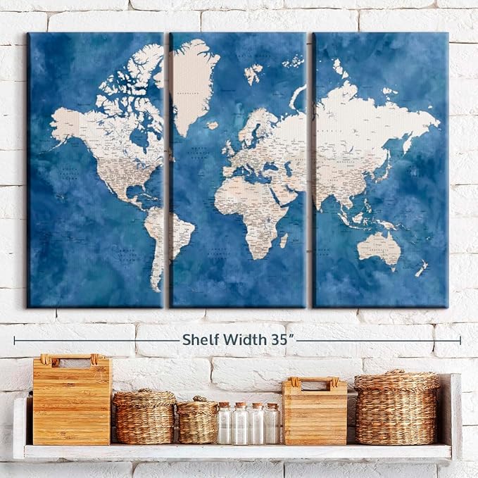 ElephantStock Detailed World Map With Cities I Wall Art - Horizontal Canvas - 3-Piece Living Room Decor - Watercolor Map Canvas Print - Beige and Blue Wall Decor by Blursbyai - 33" X 20"