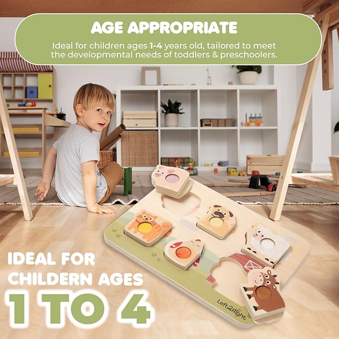 LEFT2RIGHT Wooden Puzzles for Toddlers 2-4 | Montessori Toys for 1-4 Year Olds | Educational Farm Edition Puzzle for Motor Skills & Sensory Learning | Wooden Toddler Puzzles Ages 1-3 Farm Edition